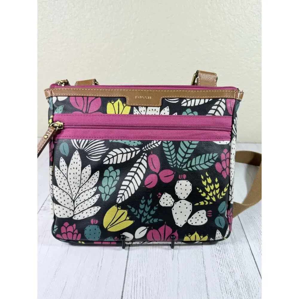 Fossil Dark Floral Cactus Succulent Fiona Crossbody Purse Matching Wallet EUC